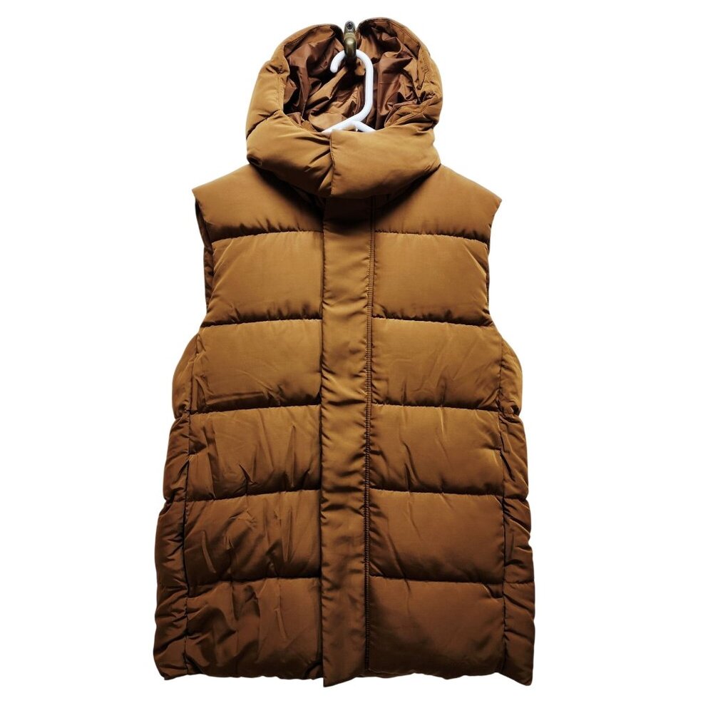 Mens Hooded Puffer Vest Jacket SZ S Brown Quilted Sleeveless Zipper Snap Front